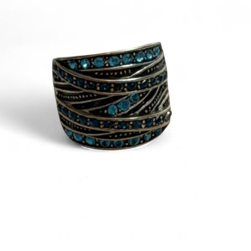 Blue Rhinestone Silver Tone Wide Band‎ Crisscross Ring